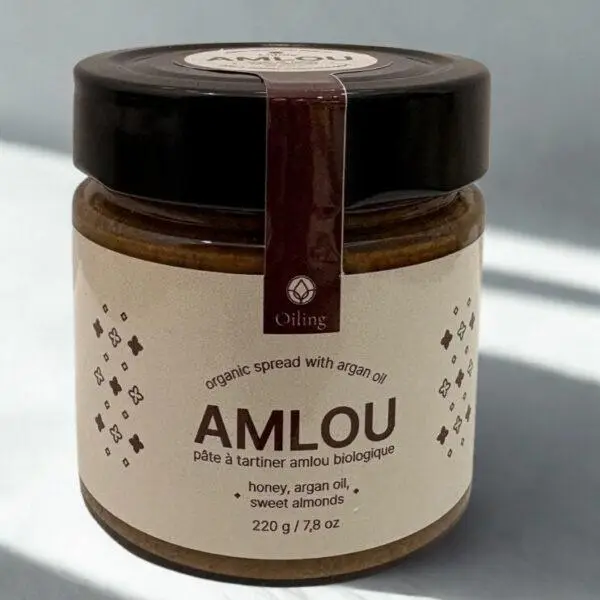 Vue de face du pot de la crème Amlou Bio 220g de la marque Oiling, crème biologique à l'amande, au miel et à l'huile d'argan.